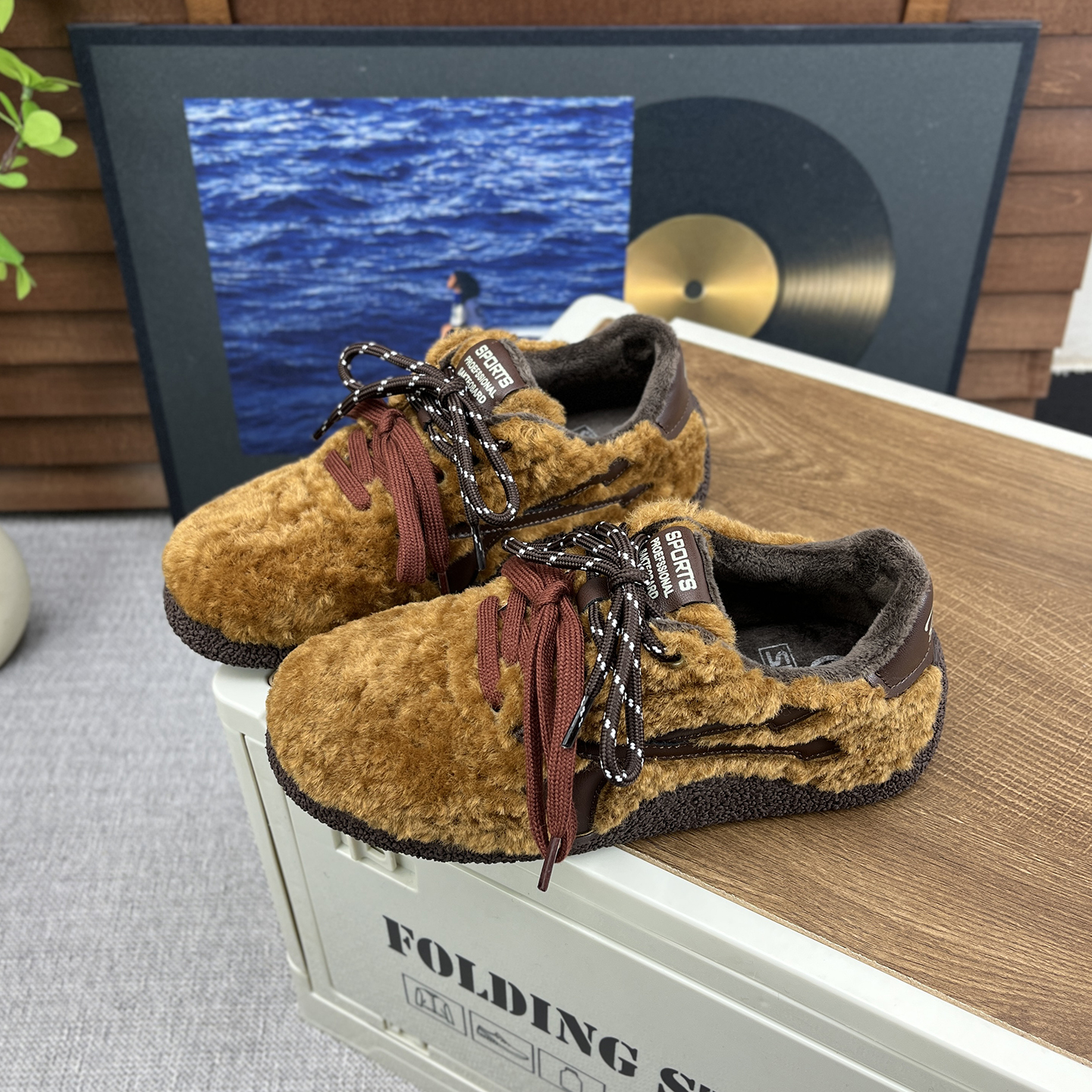 复古内增高双系带羊羔绒毛毛鞋女