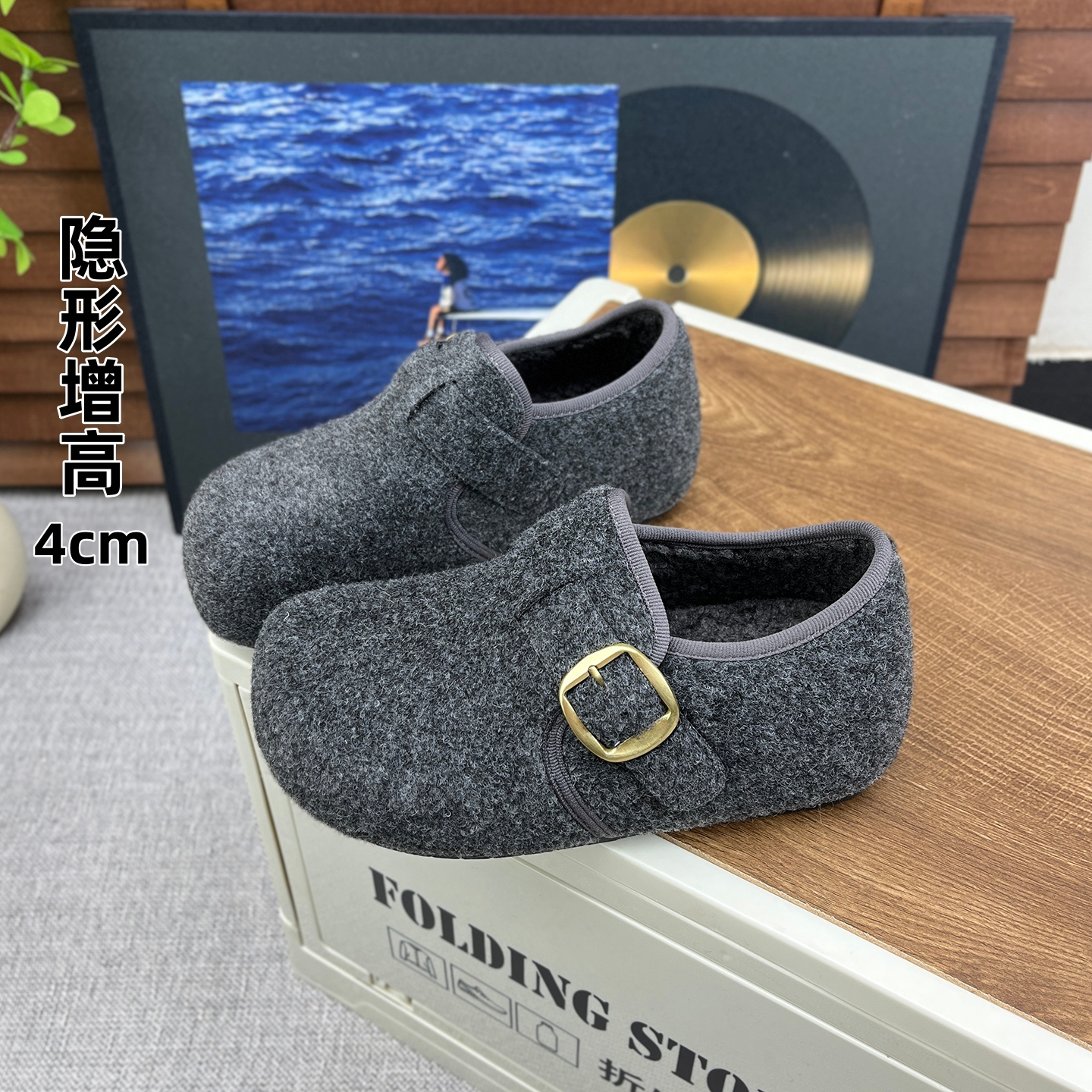 复古内增高毛呢魔术贴勃肯鞋女