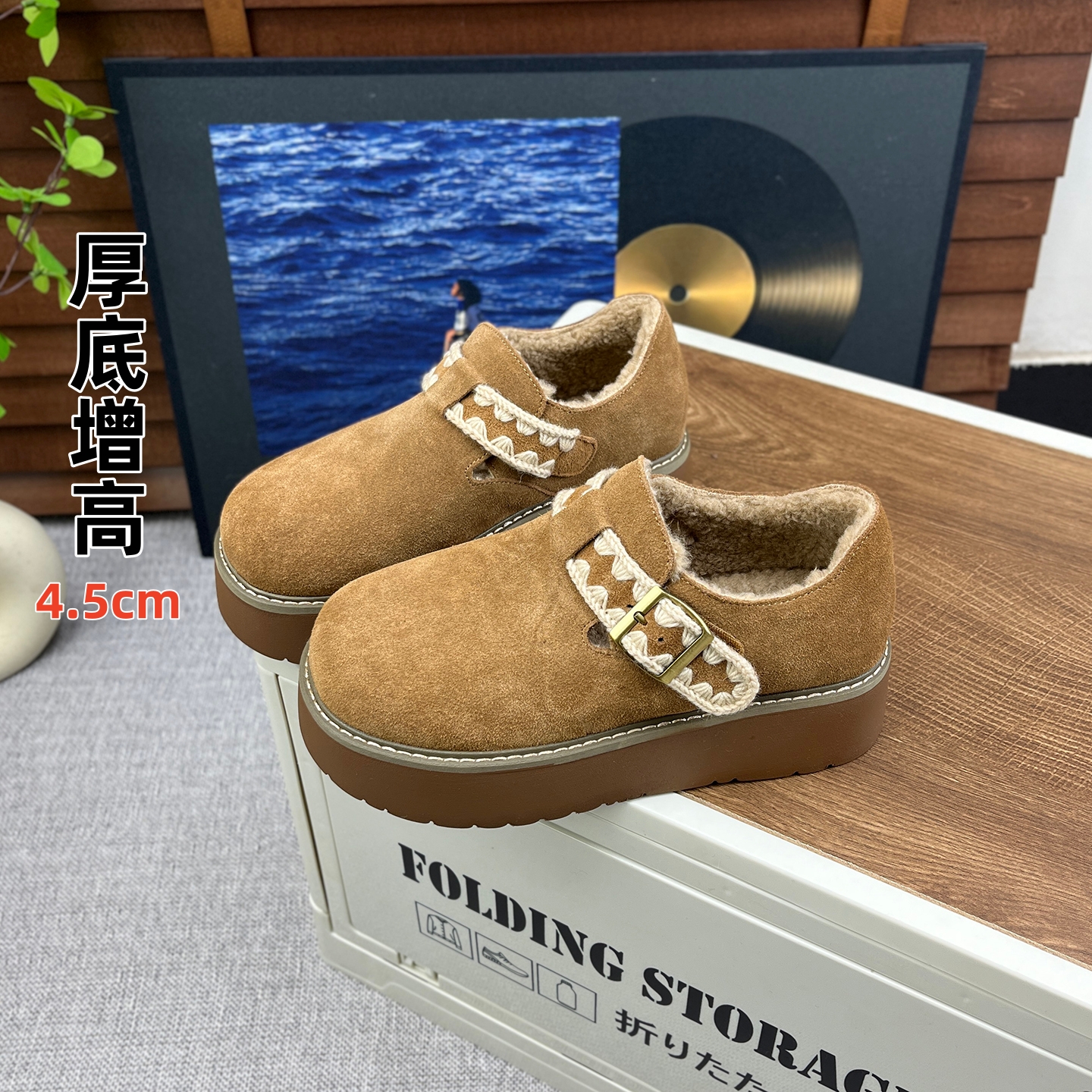 复古厚底增高编织魔术贴勃肯鞋女