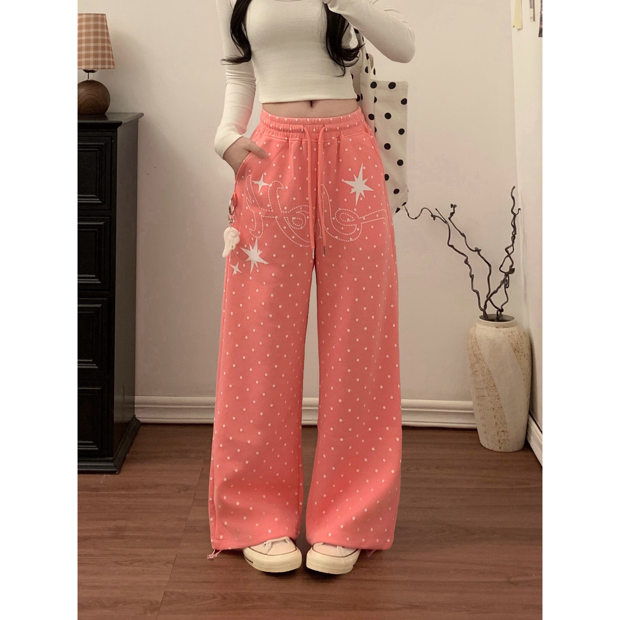 拉夏贝尔美式复古波点卫裤女