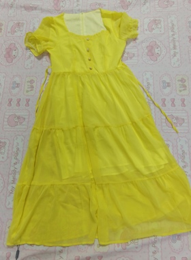 清仓/黄色泡泡袖连衣裙女夏高端显瘦气质上流社会温柔风长裙