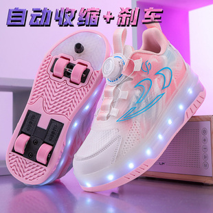 四轮儿童女飞行鞋 男童轮滑鞋 女童隐形四轮可收缩带刹车新款 暴走鞋