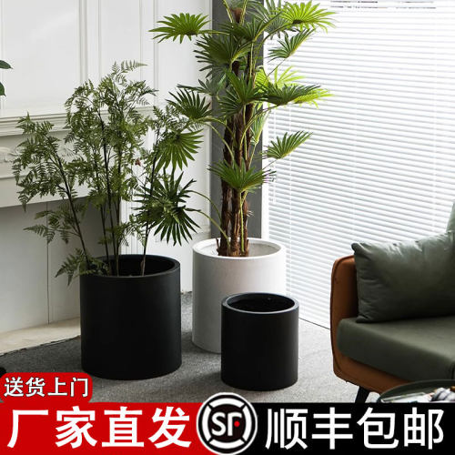 北欧极简镁泥直筒圆形落地花盆