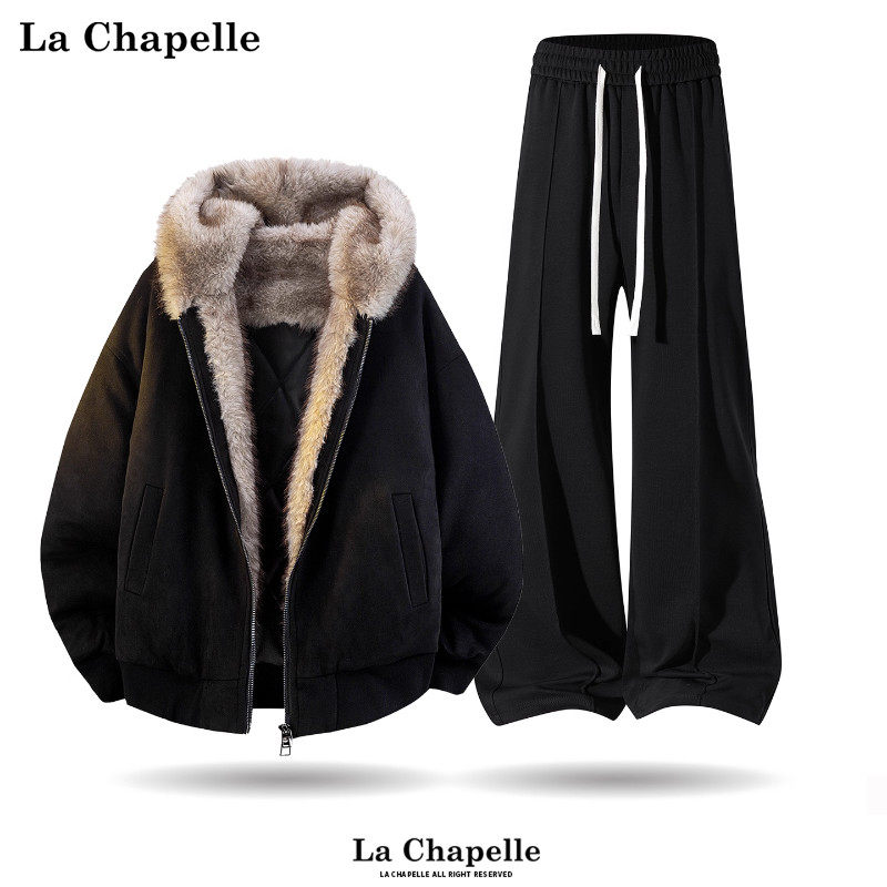 拉夏贝尔黑色休闲运动套装男士秋冬座山雕棉服搭加绒卫裤一整套潮