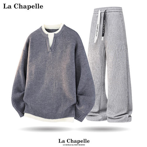 拉夏贝尔休闲潮流套装男士秋冬新款针织毛衣搭加绒裤子免搭一整套