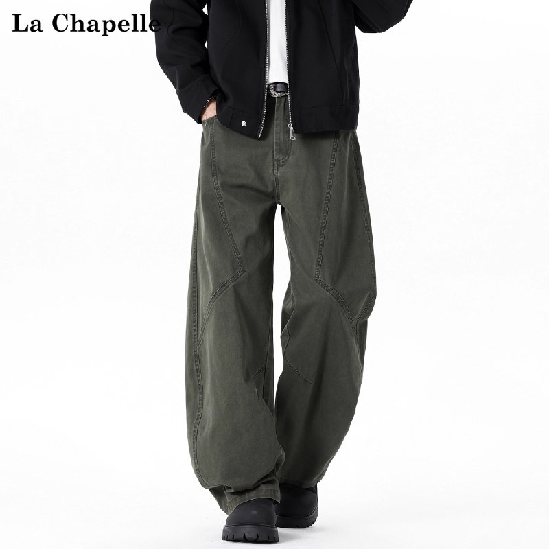 拉夏贝尔美式结构分割纯棉牛仔裤2025秋冬男女潮流设计感直筒裤潮