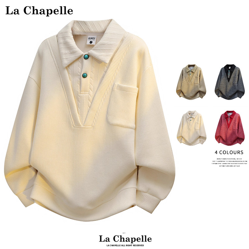 拉夏贝尔衬衫领假两件卫衣冬季设计感polo衫学院风男女款大码上衣