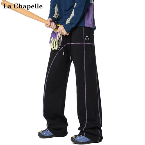 拉夏贝尔360g重磅不规则辑明线加绒加厚卫裤男女秋冬季青少年长裤