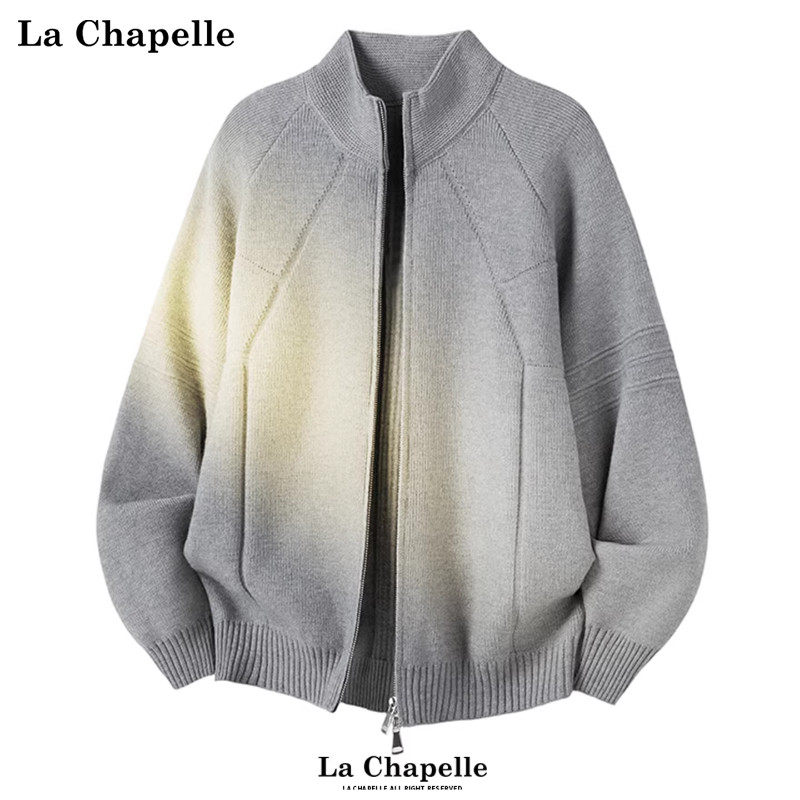 拉夏贝尔男士休闲cleanfit毛衣开衫冬季宽松拼接设计针织外套新款