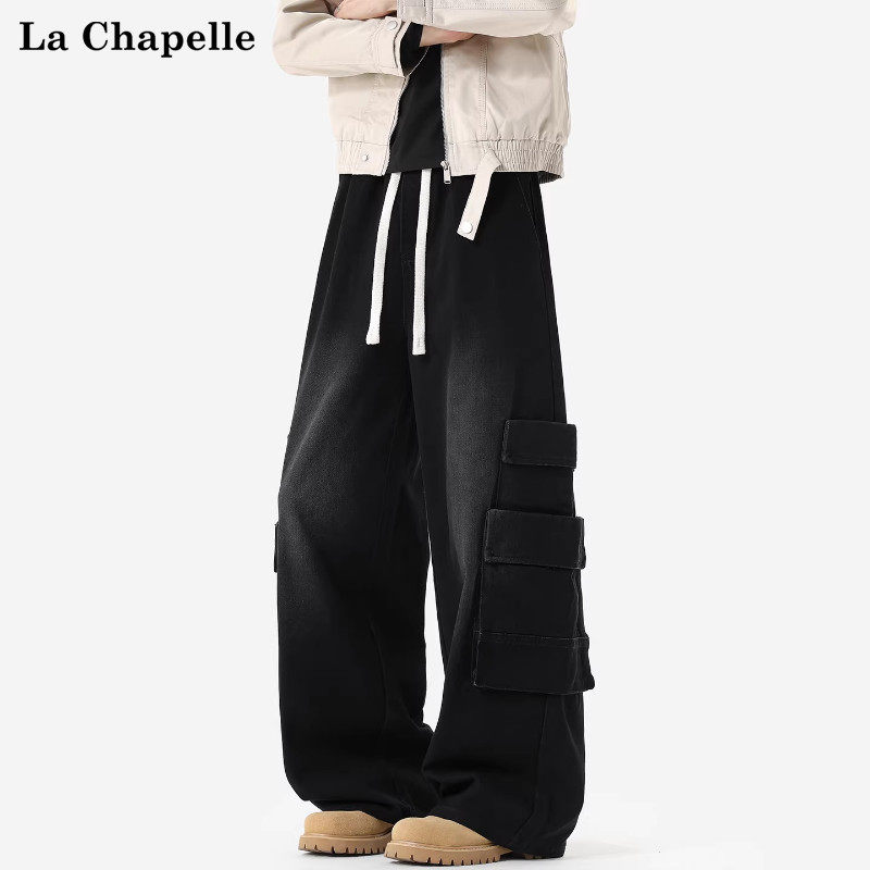 拉夏贝尔美式黑色抽绳工装多口袋牛仔裤男士春季新款直筒阔腿裤潮,男装,牛仔裤,淘宝优惠券,粉丝福利购,淘宝优惠卷