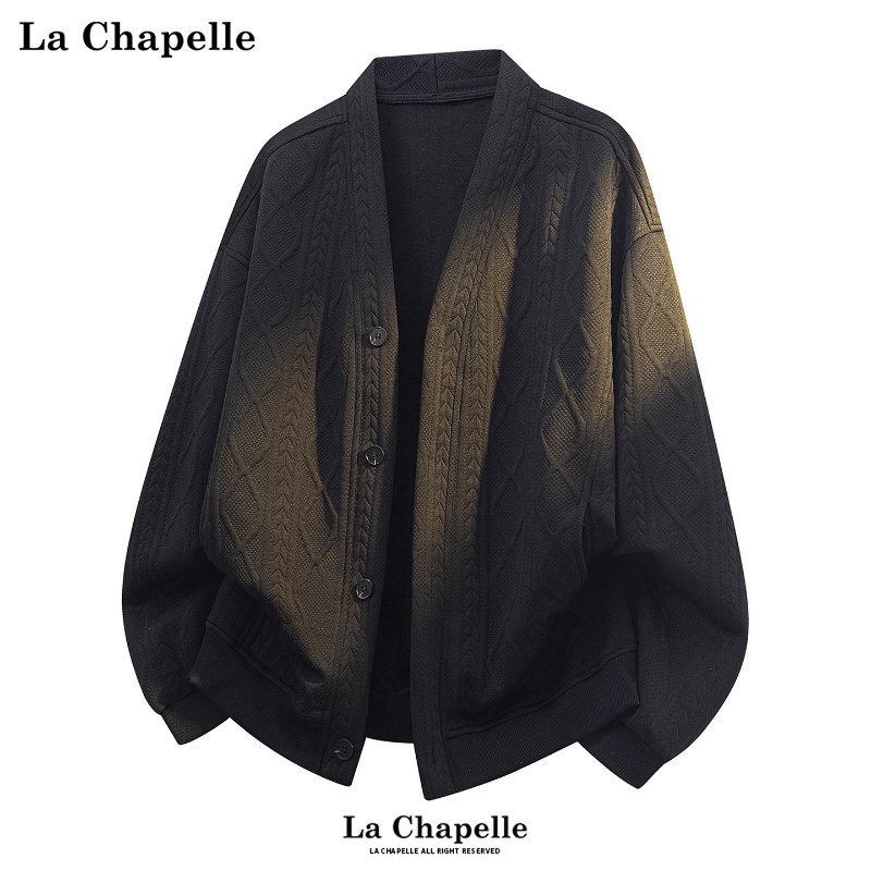 拉夏贝尔黑色提花V领卫衣外套冬季2025男女款宽松加绒麻花纹开衫,男装,针织衫/毛衣,淘宝优惠券,粉丝福利购,淘宝优惠卷