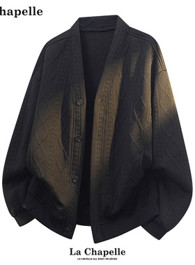 拉夏贝尔黑色提花V领卫衣外套冬季2025男女款宽松加绒麻花纹开衫