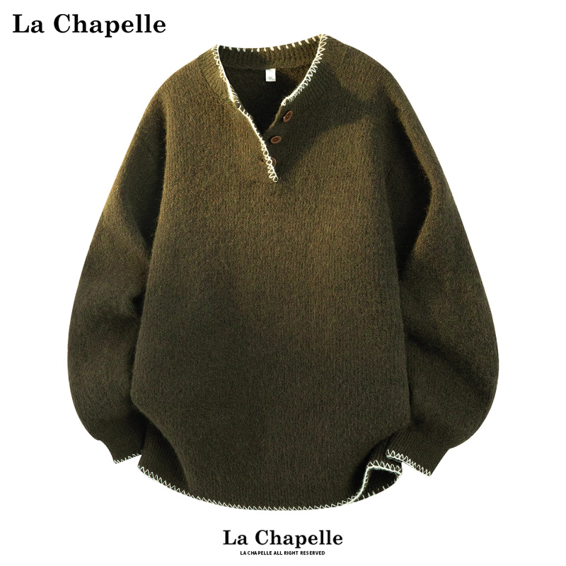 拉夏贝尔亨利领绵羊毛针织衫冬季2025新款男士宽松保暖毛衣设计感