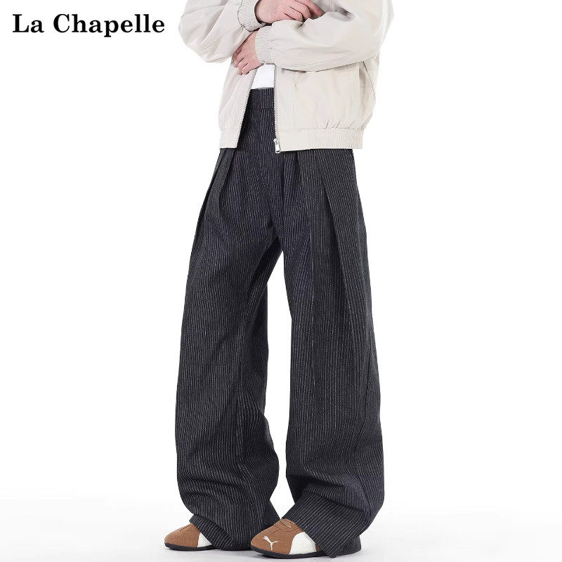 拉夏贝尔老钱风褶皱条纹牛仔裤男士春季2026新款复古高级感阔腿裤,男装,牛仔裤,淘宝优惠券,粉丝福利购,淘宝优惠卷