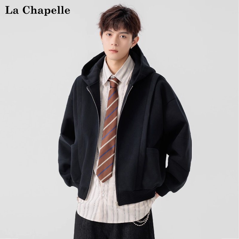 拉夏贝尔黑色加绒卫衣外套结构分割设计冬季新款男女宽松连帽开衫