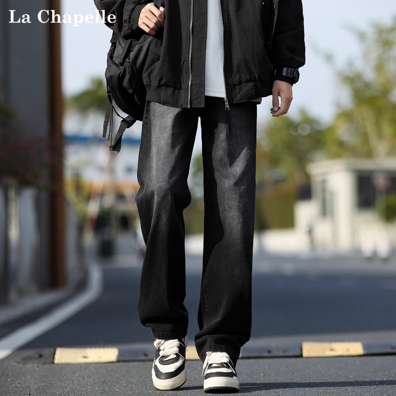 拉夏贝尔牛仔裤男士秋季2025新款宽松直筒长裤美式青少年休闲裤子