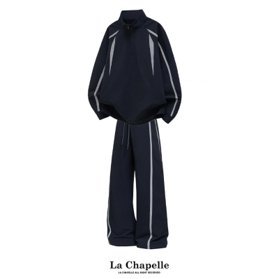 MSCS藏青色POLO衫套装男女秋季新款美式休闲运动宽松一整套潮