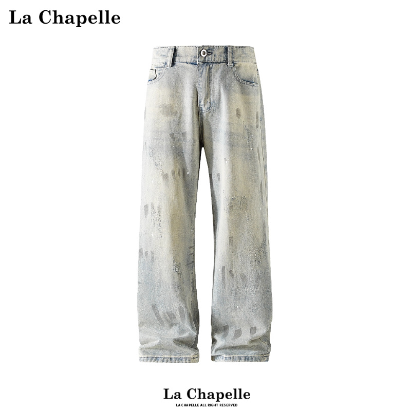拉夏贝尔美式笔刷手绘重洗水秋冬男士牛仔裤2025休闲宽松直筒裤潮