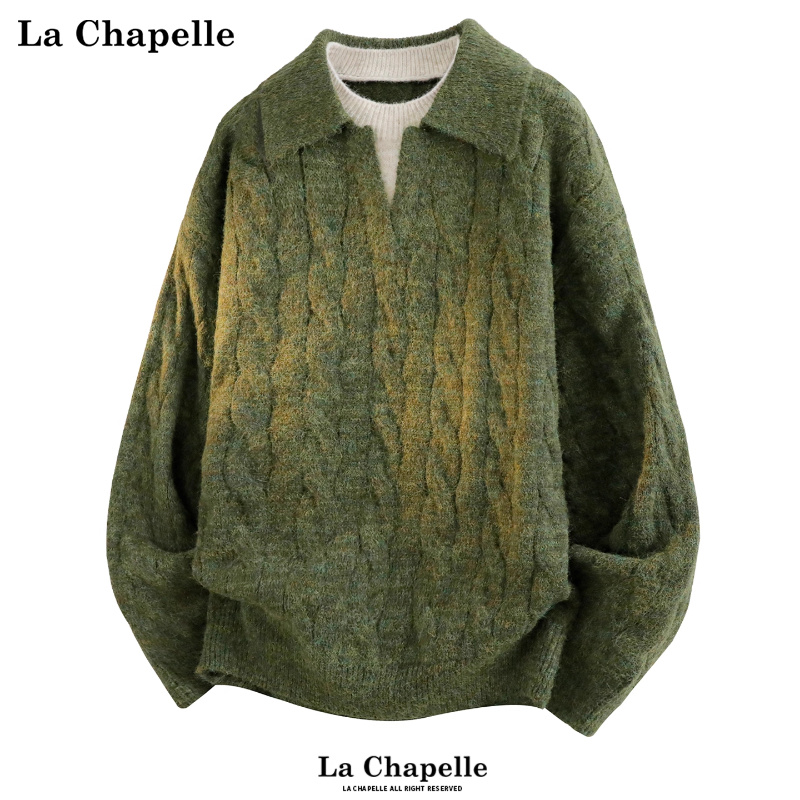 拉夏贝尔绵羊毛麻花纹毛衣冬季男士加厚保暖假两件拼接针织衫复古