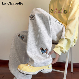 休闲长裤 新款 男女秋季 拉夏贝尔360g重磅曼巴棉腊肠狗刺绣弯刀裤