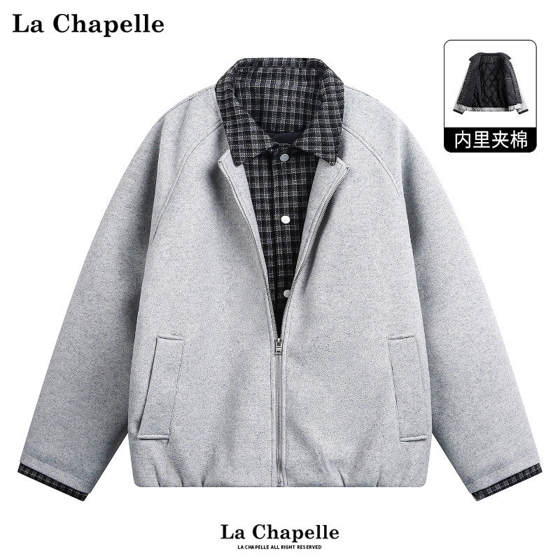 拉夏贝尔老钱风假两件毛呢外套夹棉冬季男士格子衬衫拼接棉服夹克,男装,棉衣,淘宝优惠券,粉丝福利购,淘宝优惠卷