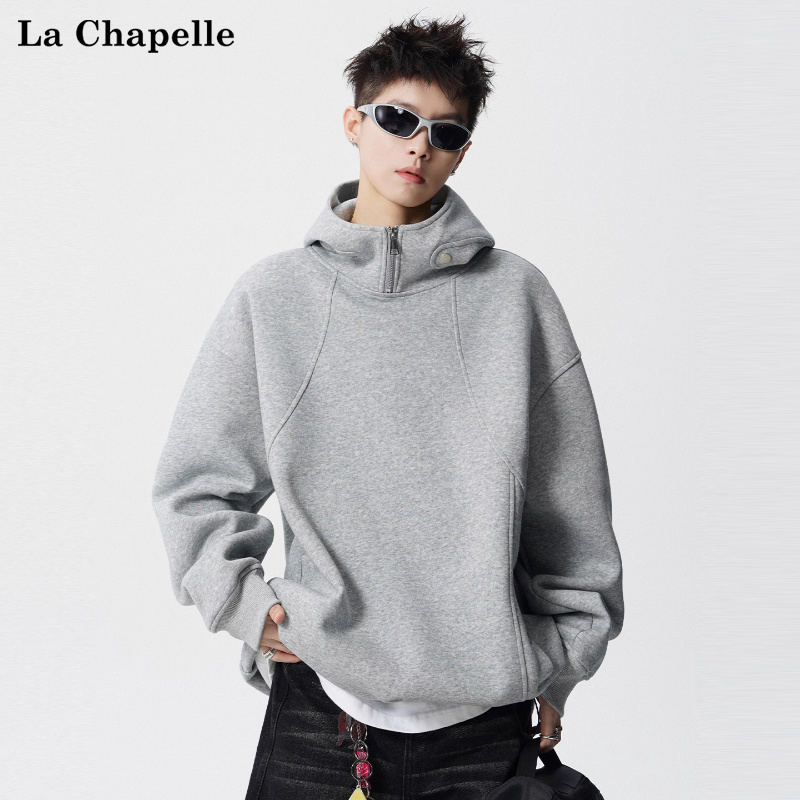 拉夏贝尔解构设计感卫衣男女冬季重磅400g半拉链立领套头外套高街