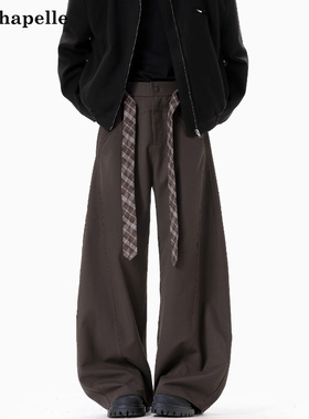 拉夏贝尔美拉德加绒弯刀西裤男士冬季新款格子腰带设计美式直筒潮