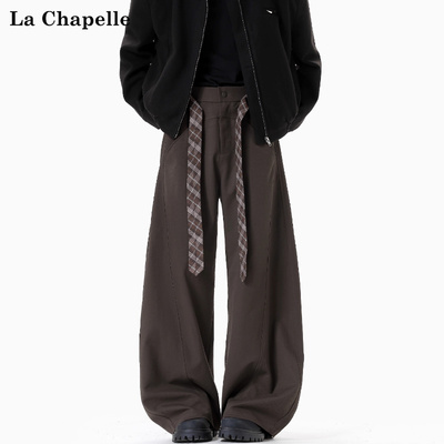 拉夏贝尔美拉德垂感弯刀西裤男士秋季新款格子腰带设计美式直筒潮