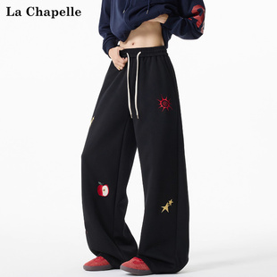 拉夏贝尔潮牌图案刺绣设计重磅休闲卫裤男女秋冬季新款青少年长裤