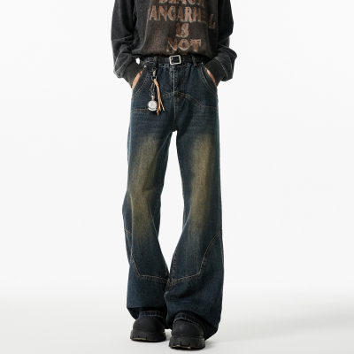 MSCS美式复古牛仔裤男女秋季新款潮流休闲高街直筒宽松微喇裤