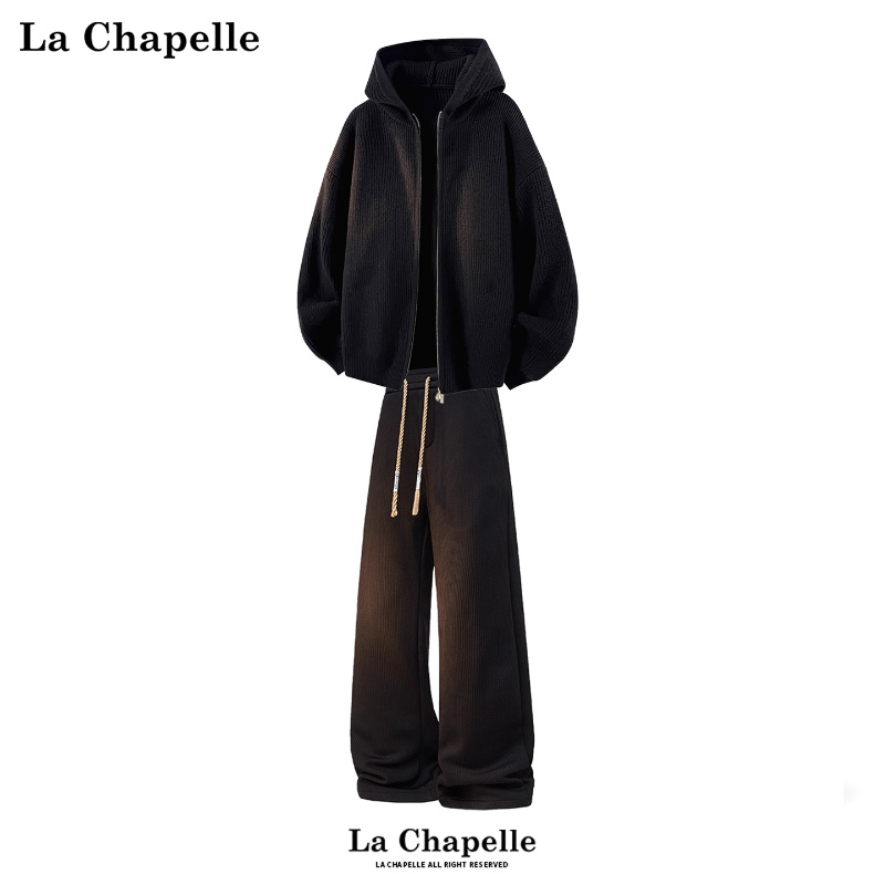 拉夏贝尔黑色休闲运动套装男女秋冬男女新款外套加绒卫裤一整套潮