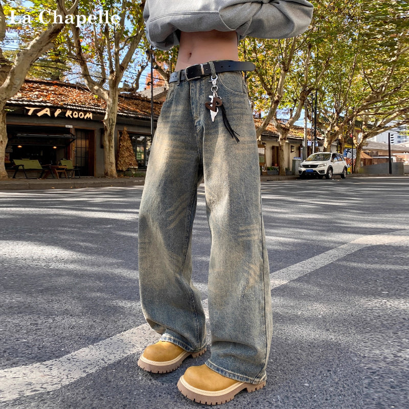 拉夏贝尔美式高街猫须复古加绒牛仔裤秋冬男士2025新款潮流直筒裤,男装,牛仔裤,淘宝优惠券,粉丝福利购,淘宝优惠卷