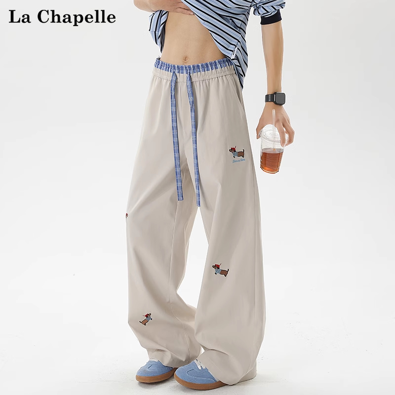 拉夏贝尔美式腊肠狗格子拼接假两件裤子男宽松慵懒风夏季薄款休闲