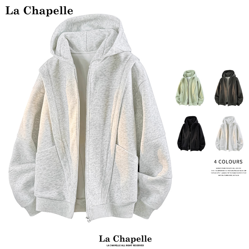 拉夏贝尔冬季加绒连帽卫衣开衫2025款男女廓形大口袋外套解构保暖