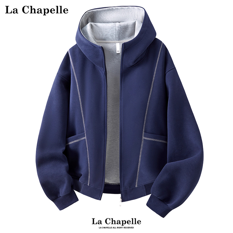 拉夏贝尔学院风休闲连帽卫衣外套秋冬男女明线设计大口袋情侣开衫