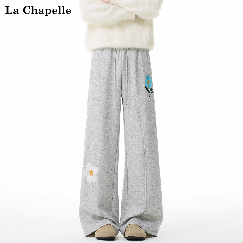 拉夏贝尔重磅直筒刺绣花朵休闲卫裤男女秋季潮牌美式新款拖地长裤