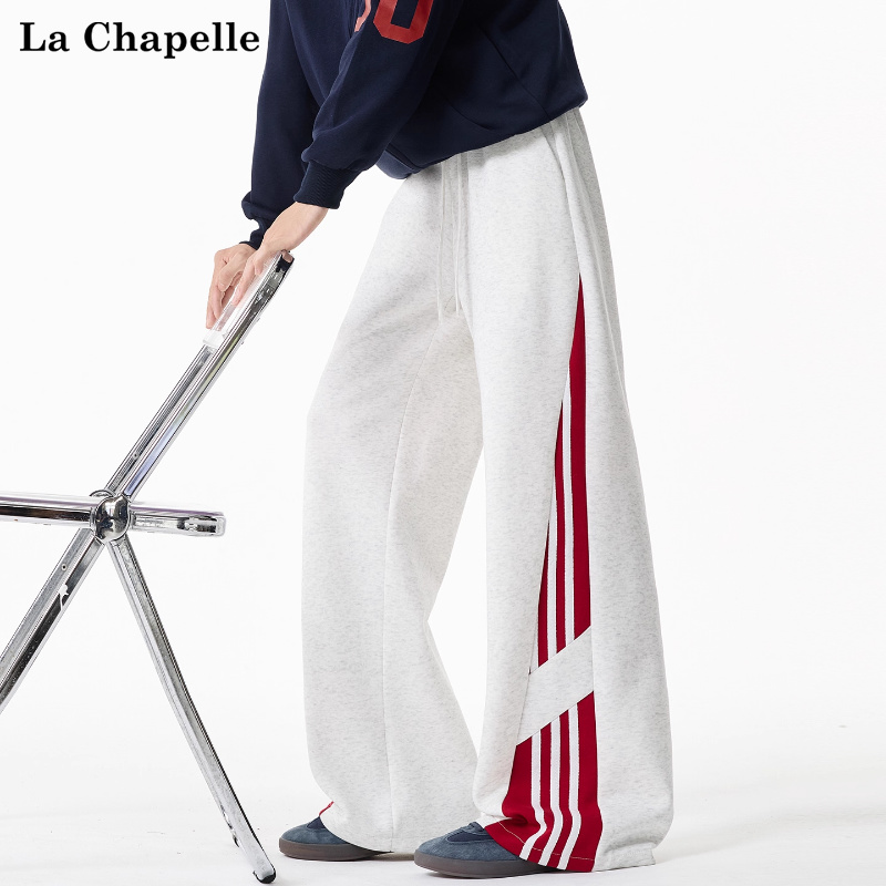 拉夏贝尔美式重磅条纹拼接直筒卫裤男士秋冬季新款青少年休闲长裤