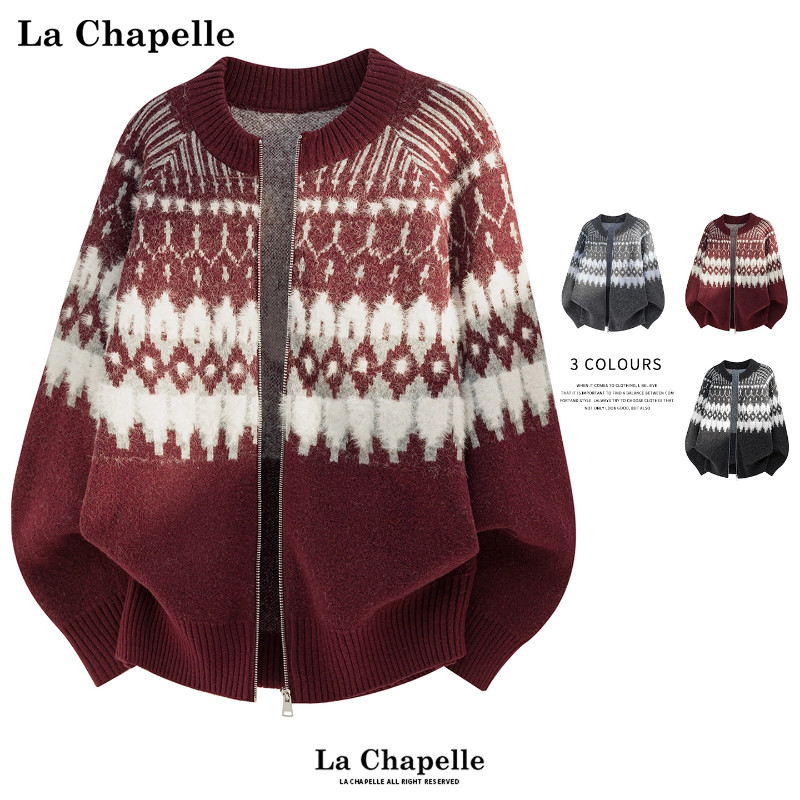 拉夏贝尔红色费尔岛提花毛衣开衫男女情侣冬季绵羊毛宽松针织外套