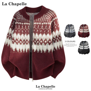 宽松针织外套新年 情侣冬季 拉夏贝尔红色费尔岛提花毛衣开衫 男女款