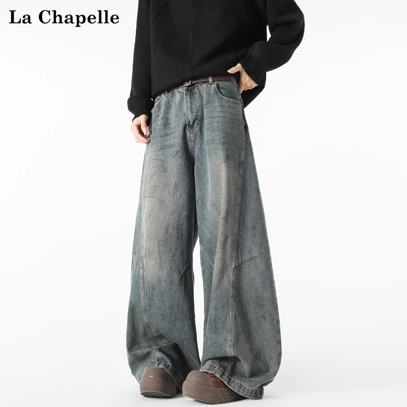 拉夏贝尔美式弯刀牛仔裤男女秋季新款潮牌街头宽松水洗直筒阔腿裤,男装,牛仔裤,淘宝优惠券,粉丝福利购,淘宝优惠卷