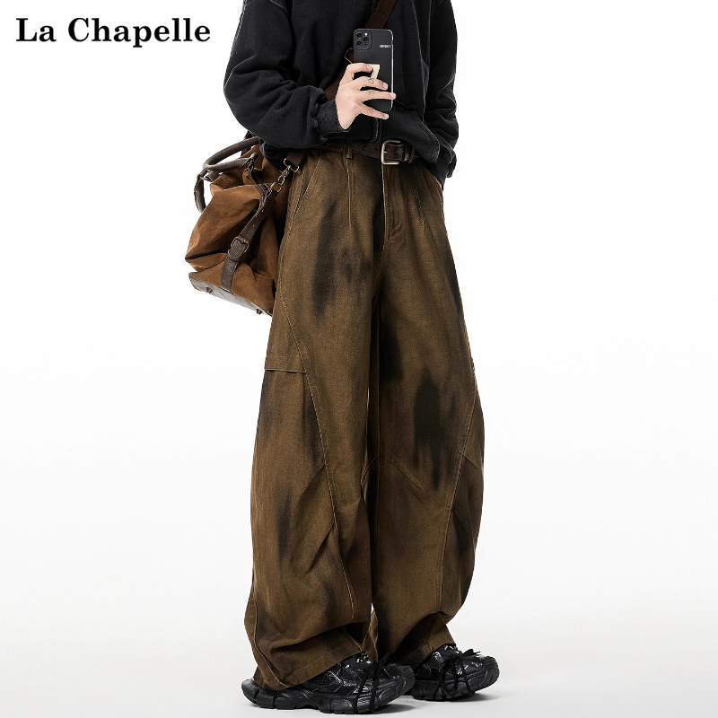 拉夏贝尔美拉德垂感褶皱工装裤子男女秋季新款直筒扎染青少年长裤