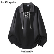 拉夏贝尔复古扎染拼接polo衫卫衣秋冬男女新款绑带小众设计感上衣