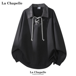 拉夏贝尔复古扎染拼接polo衫 绑带小众设计感上衣 卫衣秋冬男女新款