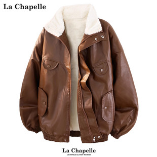 拉夏贝尔美式 2025男女立领高街保暖棉服外套 PU皮加绒棉衣夹克冬季