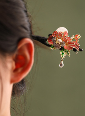 牡丹花檀木发簪女小众设