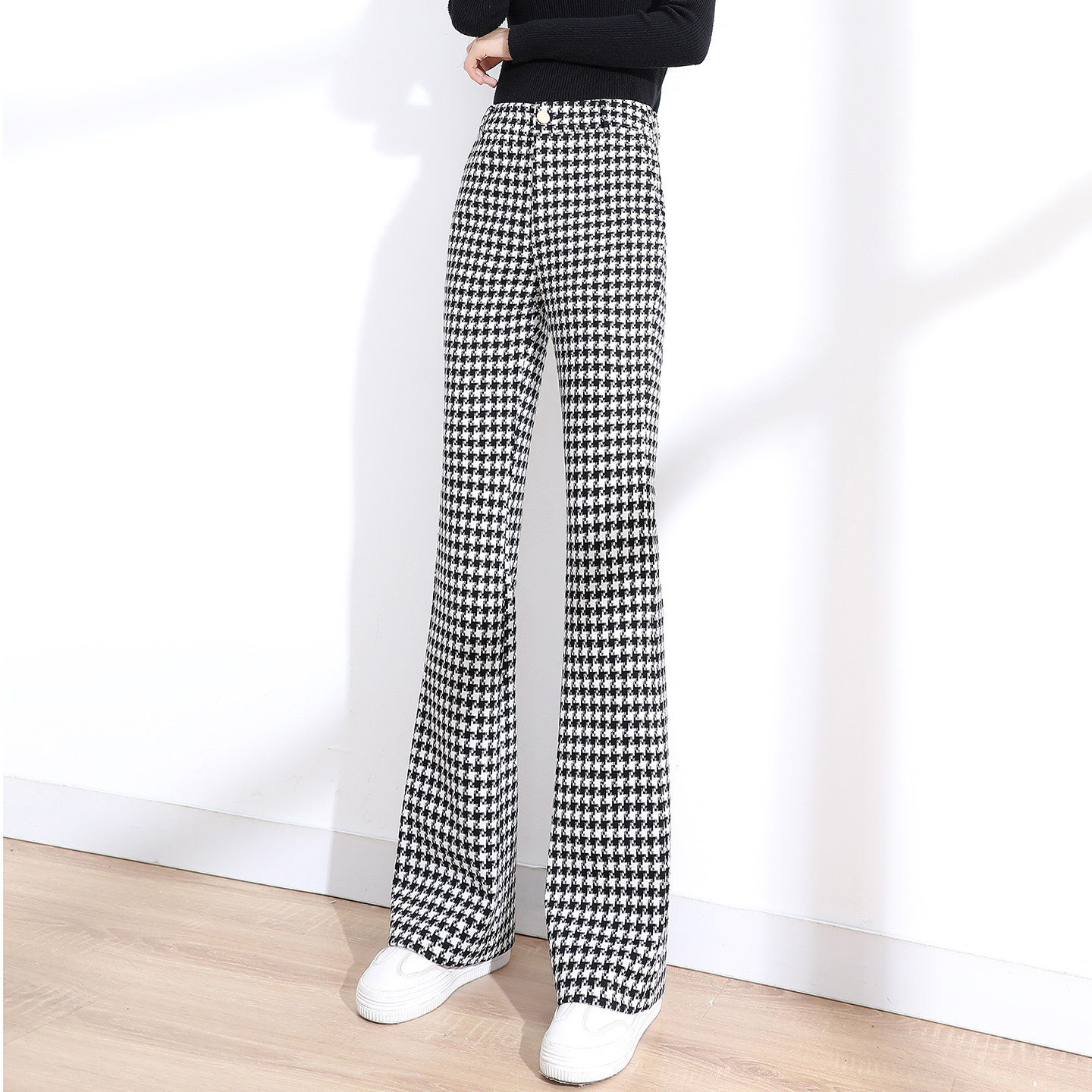 黑白格子裤女秋冬弹力垂感微喇裤复古千鸟格喇叭裤女高腰显瘦长裤,女装/女士精品,休闲裤,淘宝优惠券,粉丝福利购,淘宝优惠卷