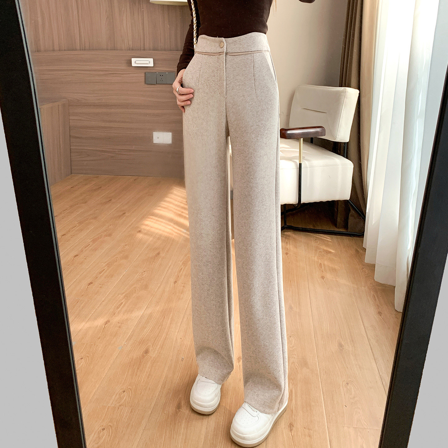 燕麦色羊毛阔腿裤女秋冬加厚长裤垂感显瘦人字纹高腰窄版直筒裤,女装/女士精品,休闲裤,淘宝优惠券,粉丝福利购,淘宝优惠卷