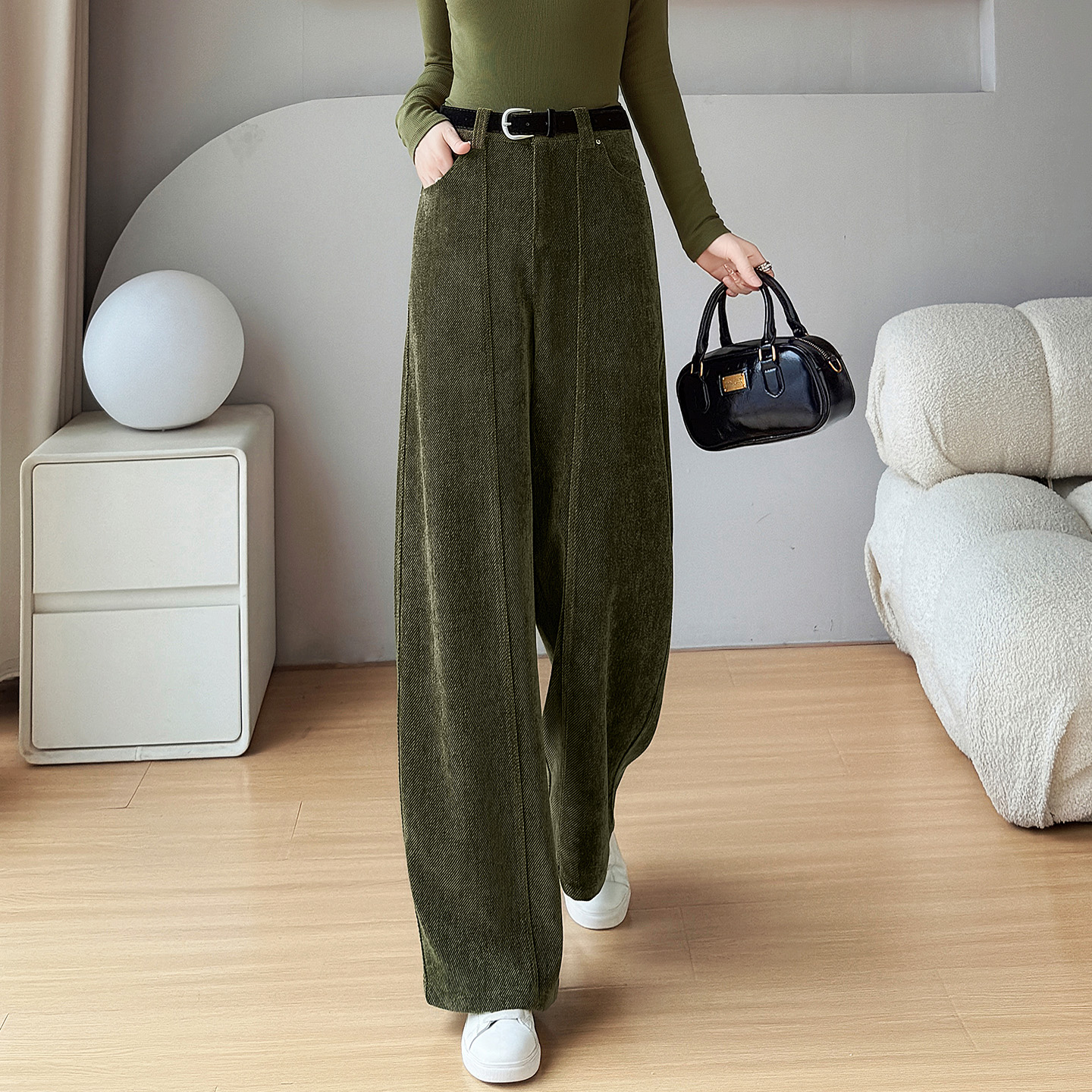 加绒裤子女2025新款冬加厚灯芯绒裤高腰垂感宽松休闲雪尼尔阔腿裤