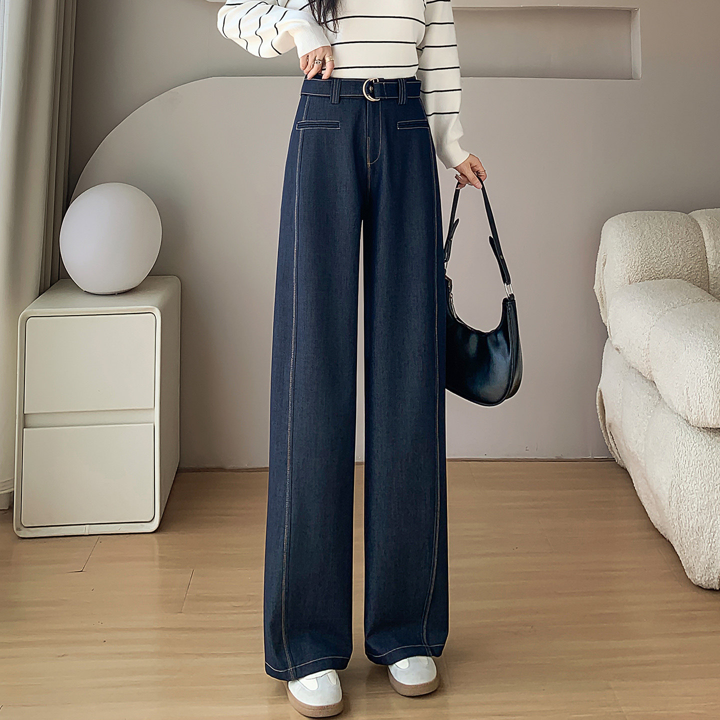 深蓝色阔腿牛仔裤女2025新款春秋高腰垂感拖地宽松休闲直筒长裤子