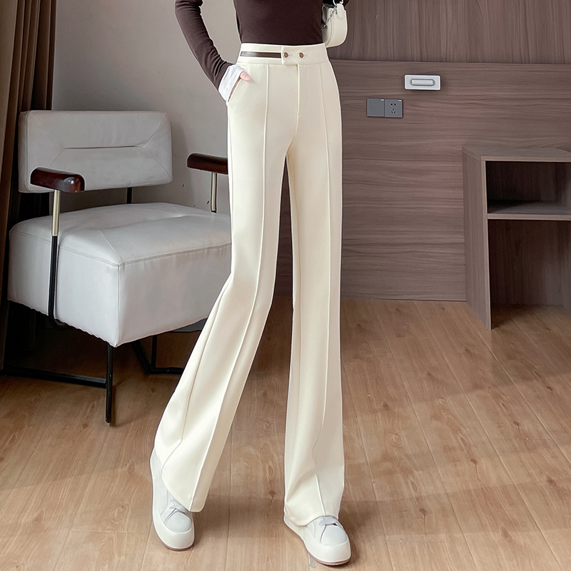 米白色微喇裤女2025新款秋季长裤子设计感高腰显瘦垂感直筒喇叭裤